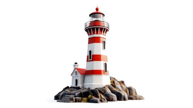 Red and White Lighthouse on Rocky Coastline isolated on transparent background