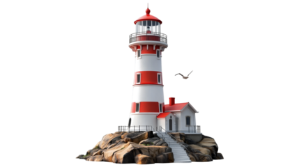 Red and White Lighthouse on Rocky Coastline isolated on transparent background