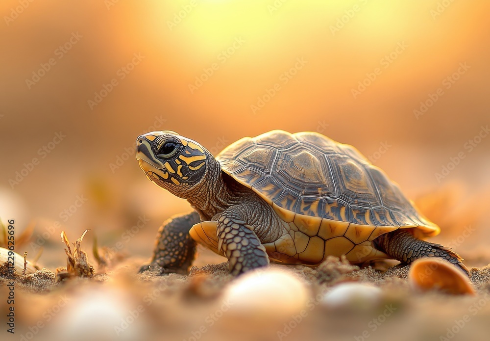 Poster detailed close-up of a colorful turtle crawling on the ground with a beautiful sunset in the backgro