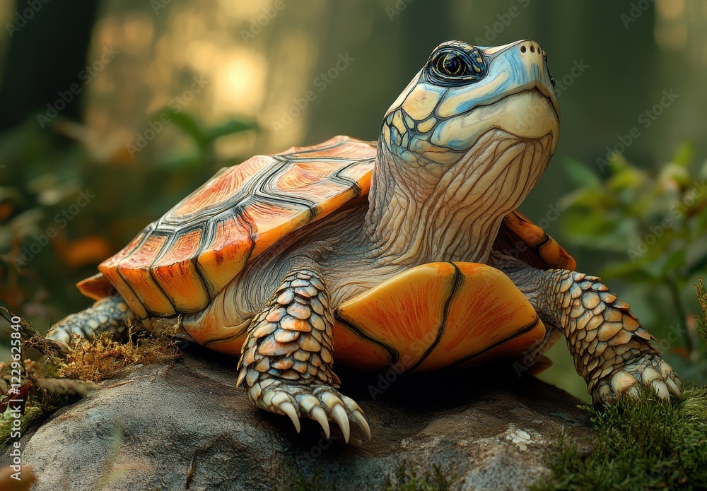 Poster detailed close-up of a colorful turtle on a rock surrounded by lush greenery in a forest setting wit