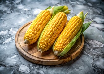 Panoramic view: sweetcorn's raw beauty showcased on marble, nestled on a rustic wooden plate.