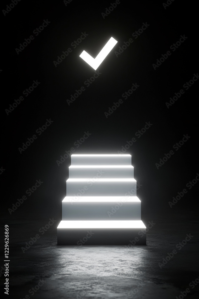 Poster illuminated staircase with glowing white steps leading upward in a dark minimalistic background, sho