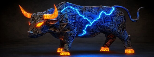 3D render of an electric bull with lightning, made from geometric metal shapes with glowing orange and blue lighting, symbolizing the bullish trend in stock market trading and investment.