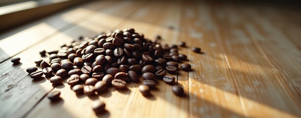 Close-up of roasted coffee beans with shallow depth of field on a textured wooden table with soft, warm lighting.