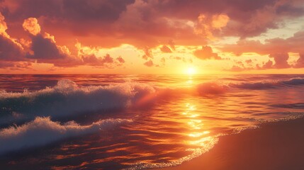 Obraz premium Serene Sunset Over Calm Ocean Waves with Vibrant Color Palette