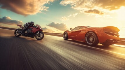 Exciting sports car and motorcycle racing on an open highway under dramatic skies