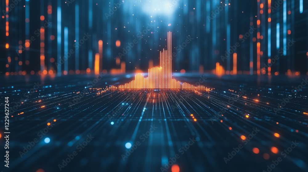 Poster digital cityscape: abstract visualization of a futuristic cityscape, built from glowing lines and no