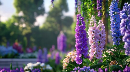 Obraz premium Purple And Pink Flowers In A Sunny Garden