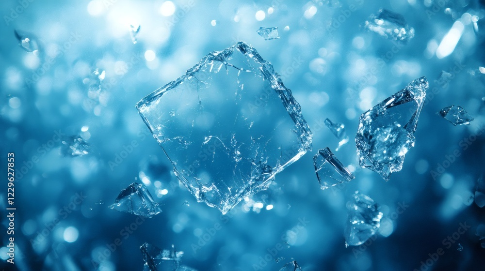 Poster blue abstract background jagged scattered glasslike shards forming sharp geometric shapes and reflec