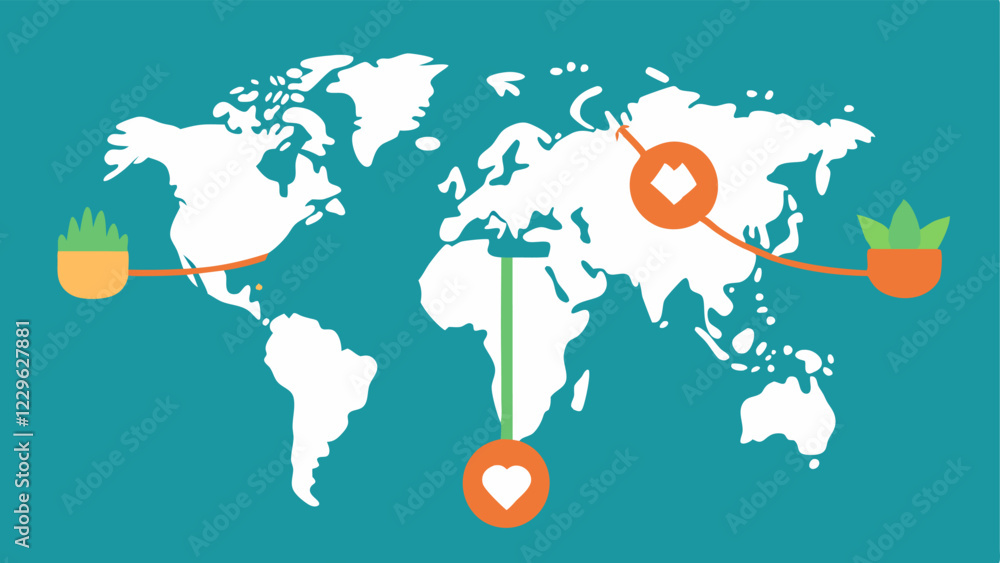 Poster world map with crop icons a simple world map with different crop icons representing various regions.