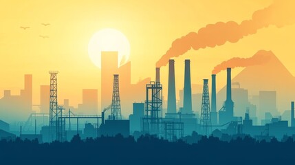 Obraz premium A striking industrial silhouette against a vibrant sunrise, showcasing factories and smoke emissions, illustrating environmental challenges in urban landscapes.