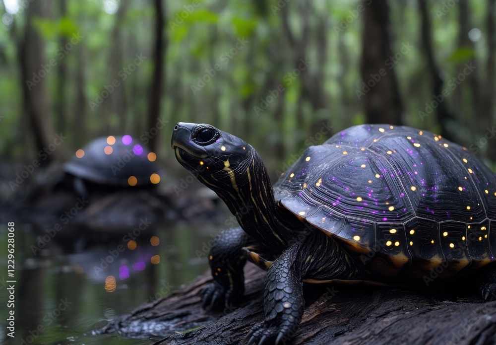 Poster fascinating close-up of turtles in a mystical forest with bioluminescent patterns adorning their she