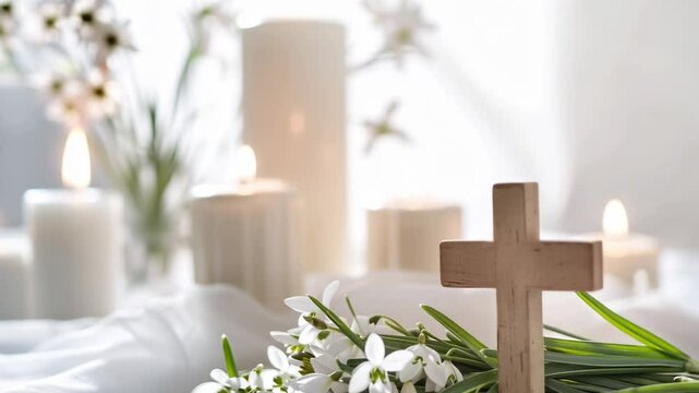 Easter Christian spring background: cross, candles and snowdrops on light background