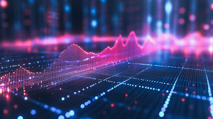 Data Stream Ascent: A dynamic 3D rendering of a vibrant upward trending graph, set against a backdrop of glowing digital particles, symbolizing growth, progress, and technological advancement.