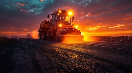 Fototapeta premium Powerful machine paving road sunset glow