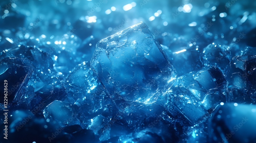 Poster blue abstract background jagged scattered glasslike shards forming sharp geometric shapes and reflec