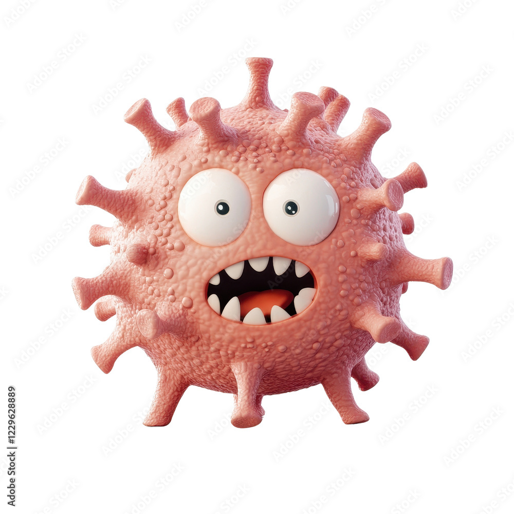 Poster a cartoon virus character with exaggerated features and vibrant colors., isolated on a transparent b