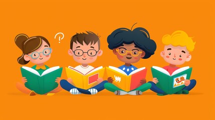 A group of four kids reading books.