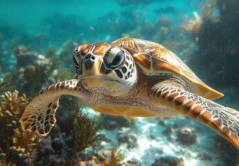 Fototapeta premium Graceful Green Sea Turtle Swimming Through Crystal Clear Tropical Waters Surrounded by Vibrant Coral Reefs in a Stunning Underwater Paradise