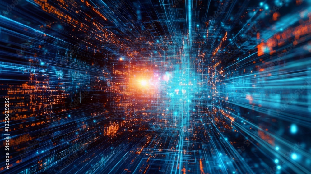 Poster a vibrant, abstract representation of digital data flow, featuring bright blue and orange elements a