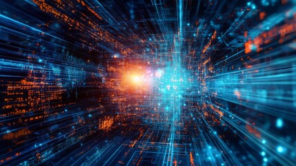 Fototapeta premium A vibrant, abstract representation of digital data flow, featuring bright blue and orange elements against a dark backdrop, suggesting speed and connectivity.