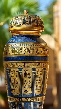 Ornate blue & gold Egyptian canopic jar with hieroglyphs outdoors, ideal for history projects