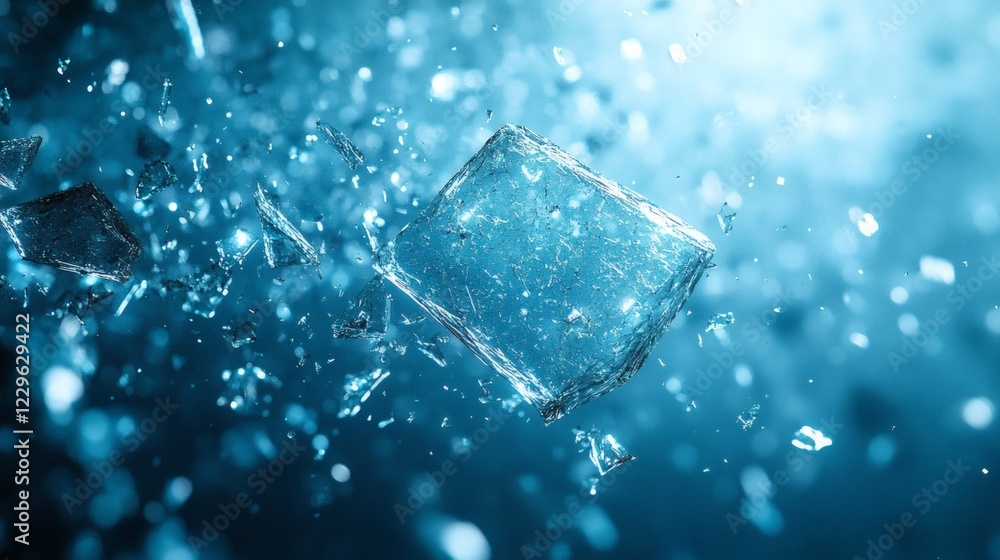 Poster blue abstract background jagged scattered glasslike shards forming sharp geometric shapes and reflec