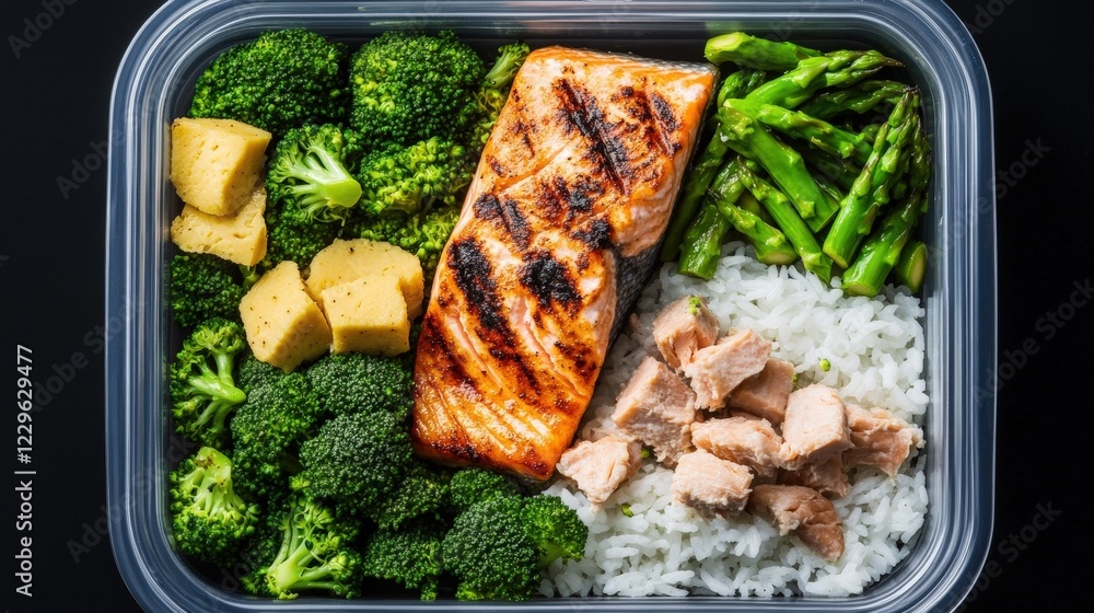 Poster container of food with multiple servings of broccoli in a clear plastic container on a wooden table