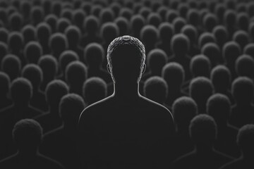 Obraz premium A Single Individual Surrounded by a Faceless Crowd, Representing the Pressing Weight of Societal Expectations and the Struggle for Identity in Modern Life