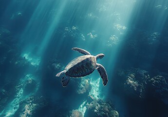 Fototapeta premium Graceful sea turtle gliding through crystal clear ocean water with sunlight filtering through the surface, surrounded by coral reefs and marine life elements