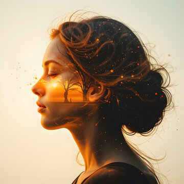 Double exposure image woman portrait with the orange sunset for peaceful mind and psychological concept. Meditative and healthy mental therapy abstract art. Superb Generative ... See More

