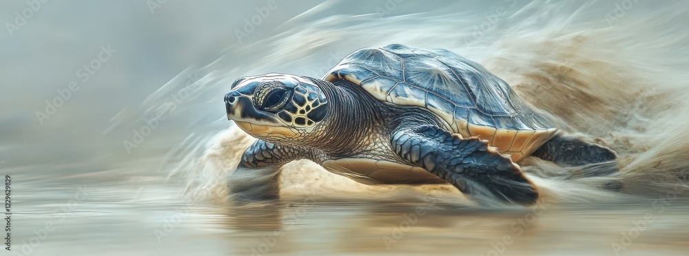 Poster graceful sea turtle gliding through turbulent waters with soft light and motion blur creating a sere
