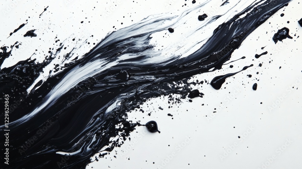 Poster bold black ink brush strokes splashing across crisp white background forming abstract patterns with 