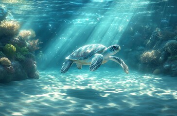 Obraz premium Graceful Sea Turtle Gliding Through Vibrant Coral Reef Underwater with Sunlight Rays Illuminating the Ocean Floor