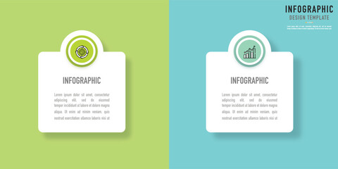Rectangular infographic template or element with 2 step, process, option, colorful rectangle, icons, triangle, paper origami, button, tag, circle, circular, square bar for sale slide, internet planner