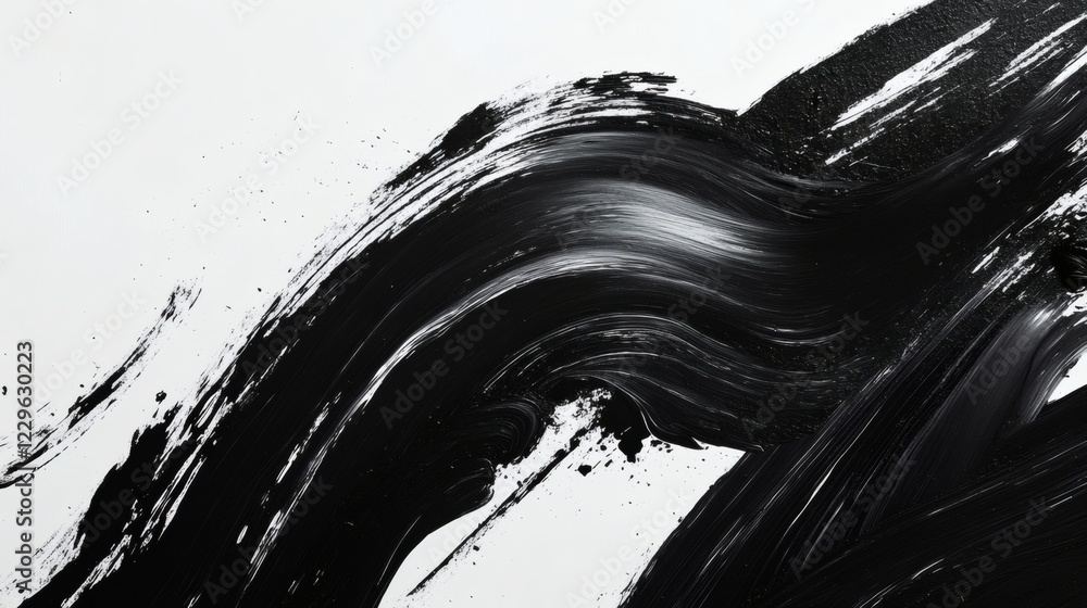 Poster bold black ink brush strokes splashing across crisp white background forming abstract patterns with 