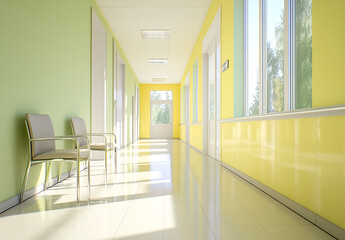A bright, light green and yellow hospital hallway with windows and chairs on the left side of the frame, photorealistic. 