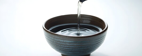 Obraz premium A traditional ceramic cup of Sake with a small pour, with a white background