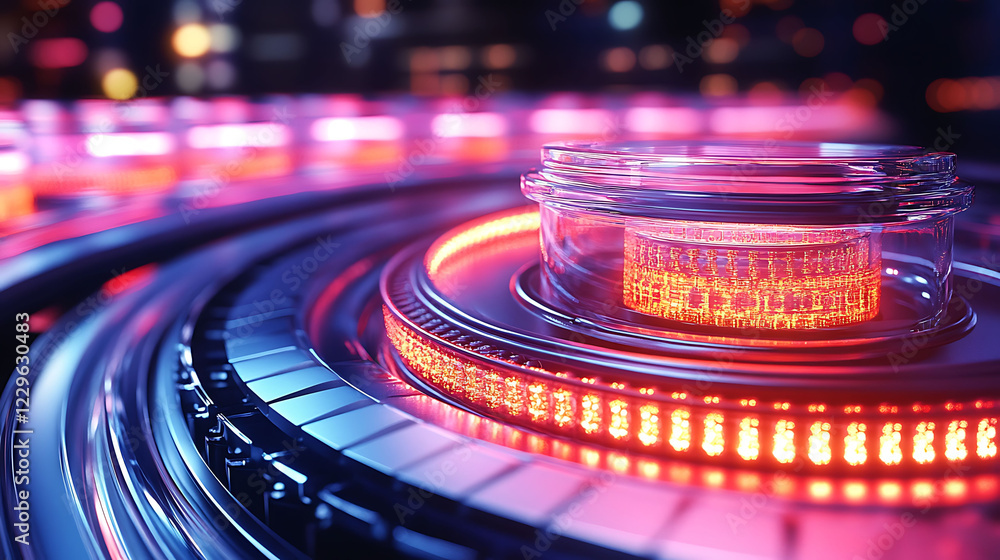 Aufkleber closeup of a futuristic technological device with glowing circuits and a glass container. vibrant pi