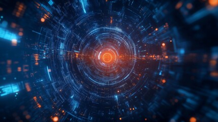 A vibrant, digital vortex with blue and orange hues, conveying a sense of depth and technological energy.