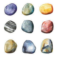 A collection of beautifully painted watercolor stones in various colors and shapes., isolated on a transparent background.