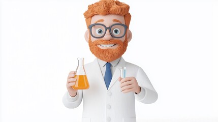 Cheerful Cartoon Scientist Holding Beaker and Test Tube