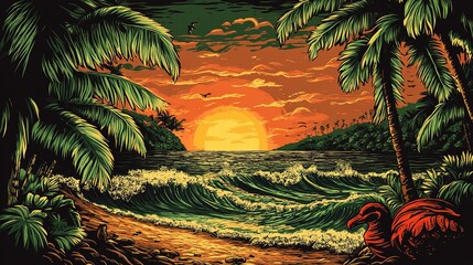 Vibrant tropical beach sunset with palm trees, perfect summer vibe.