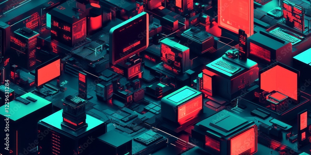 Poster a computer monitor is shown in a cityscape. the monitor is on a building and is surrounded by other 