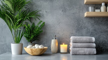 Tranquil Spa Table Setup with Fresh Towels, Candle, and Greenery for Relaxation and Serenity