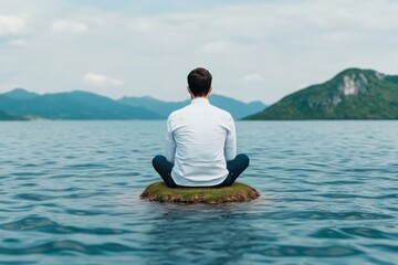 Fototapeta premium A Person Sitting Alone on a Small Island Surrounded by Rising Water, Illustrating Overwhelming Feelings of Environmental Stress