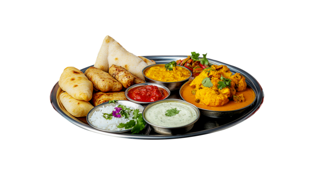 Delicious Indian Thali Platter with Curry Rice and Breads isolated on transparent background