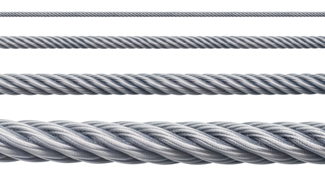 Close-up of twisted steel cables in various thicknesses