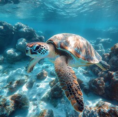 Fototapeta premium Graceful Sea Turtle Swimming Through Crystal Clear Ocean Waters Among Vibrant Coral Reef and Rocky Seabed, Capturing Underwater Marine Life Beauty