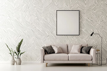 modern living room featuring light colored sofa with decorative pillows, minimalist wall art frame, and stylish floor lamp. backdrop showcases vintage 1980s style geometric patterned wall